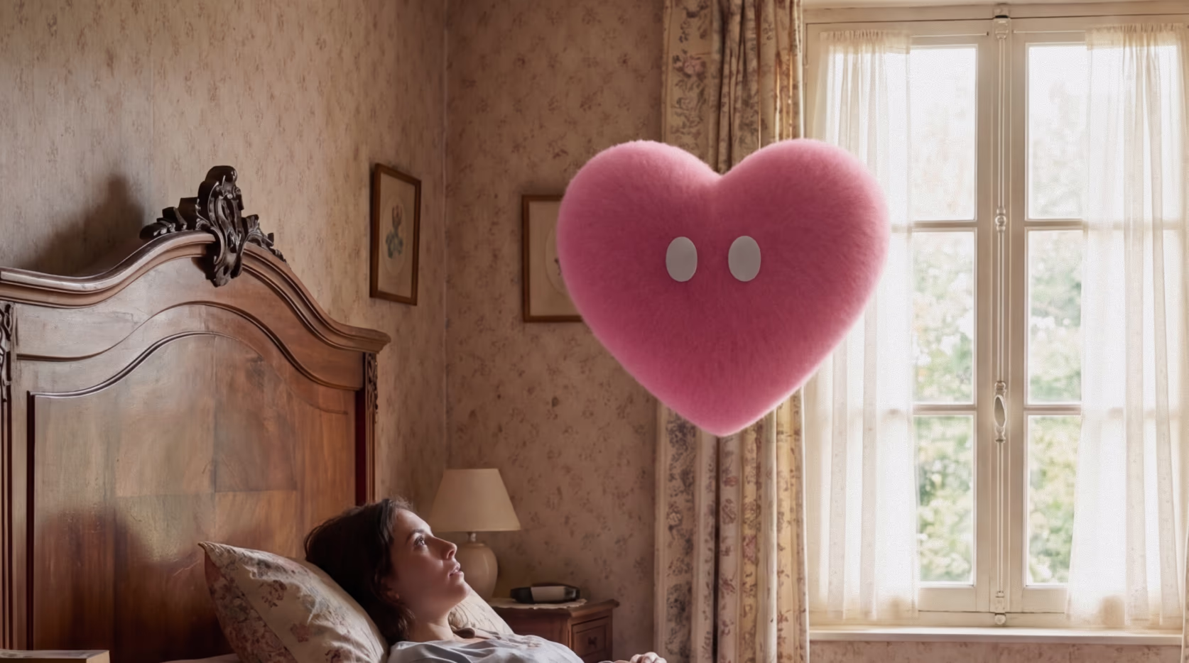 A pink heart-shaped Mindoo mascot floating in a softly lit bedroom by a window