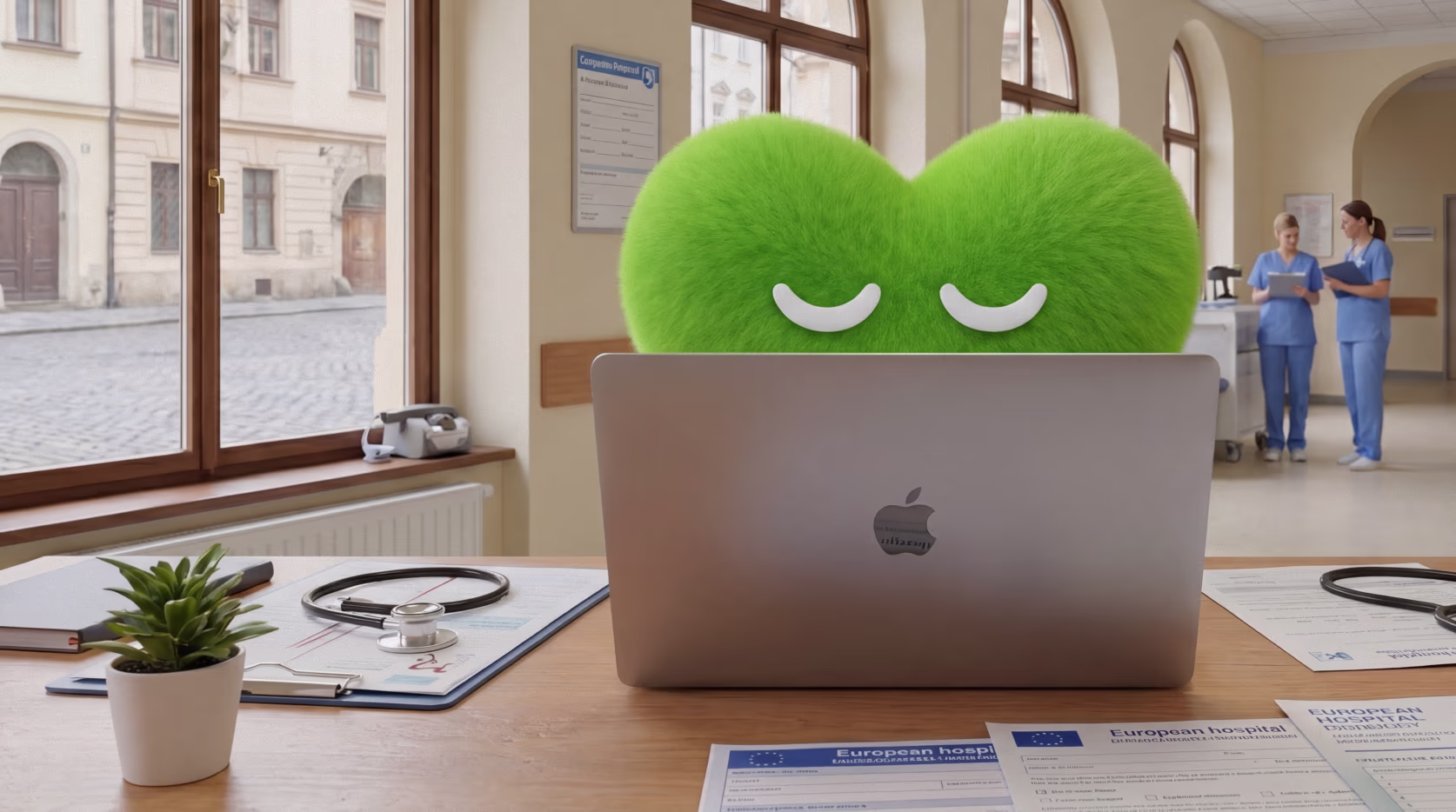 A green heart-shaped Mindoo mascot peeking over a laptop on a clinic reception desk
